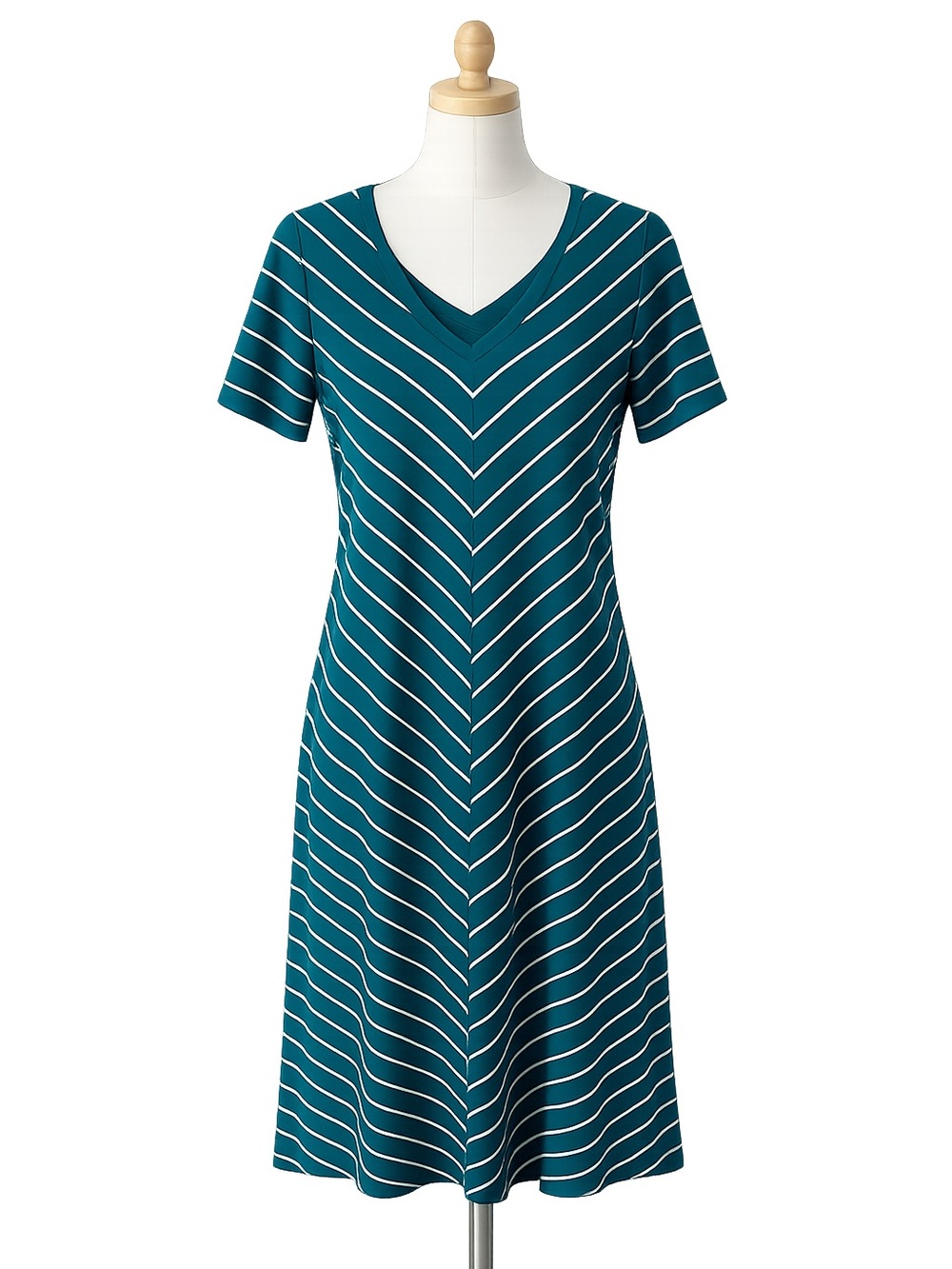 J Jill Chevron Striped V-Neck T-Shirt A-Line Maxi Dress Cotton Blend Pockets Sm